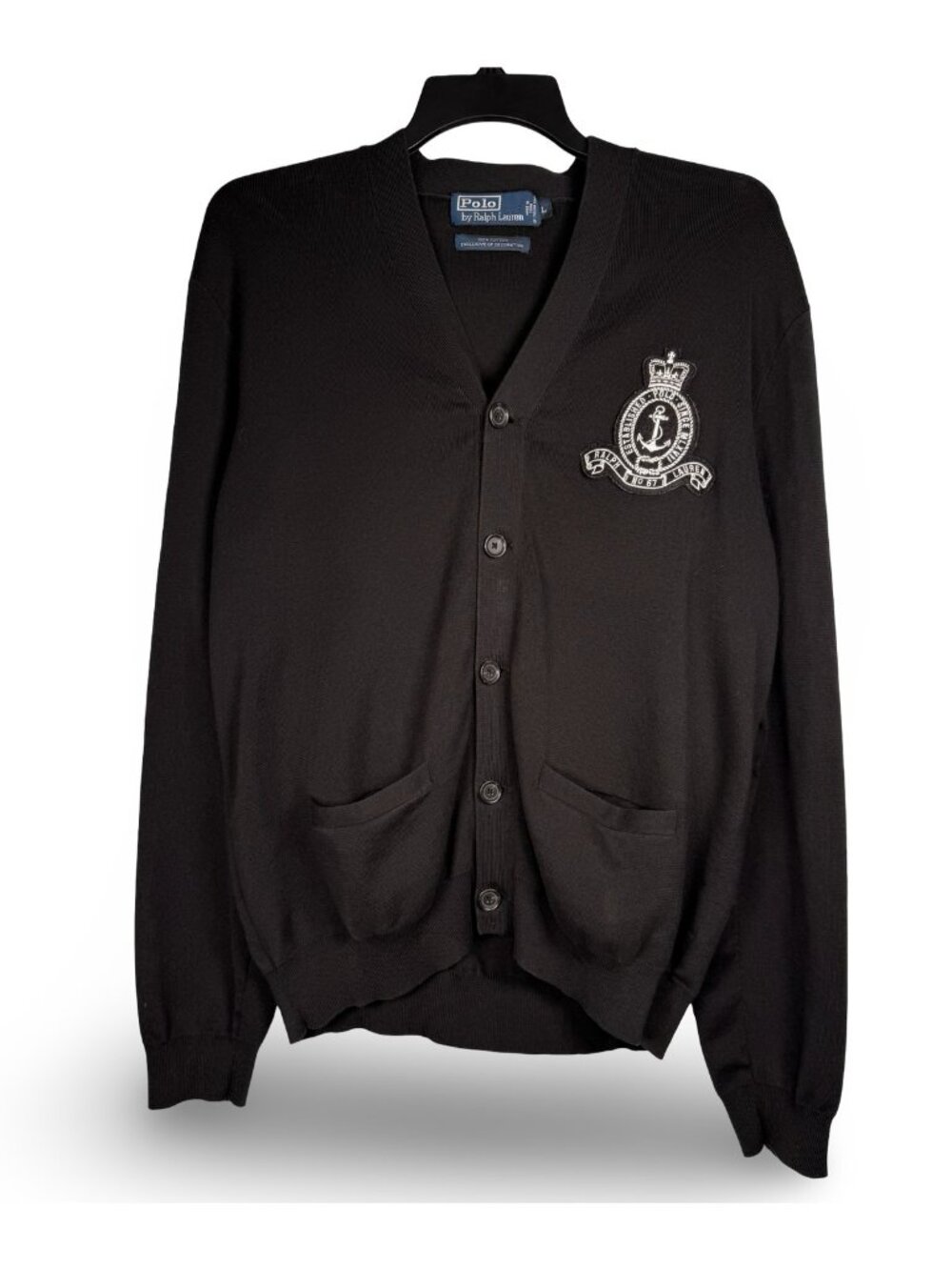 VTG Polo Ralph Lauren Cardigan L‎ Black Knit Nautical Anchor Crest Sweater Y2K